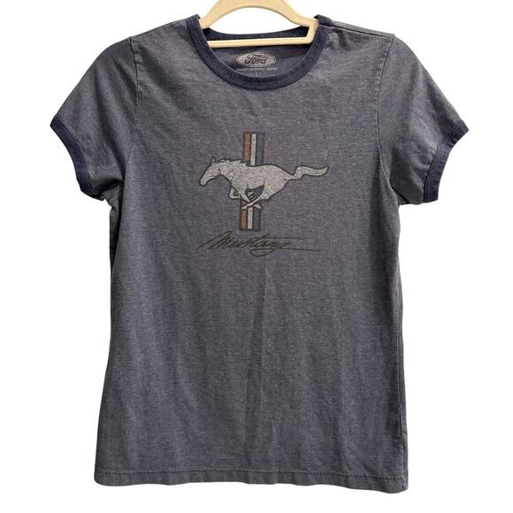 Ford Tops - Ford Mustang Short Sleeve Ringer Tee Heather Blue Size Small